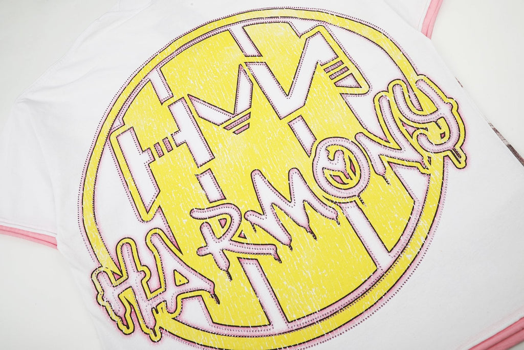 HARMONY Pink-Trim Distressed Graphic T-Shirt
