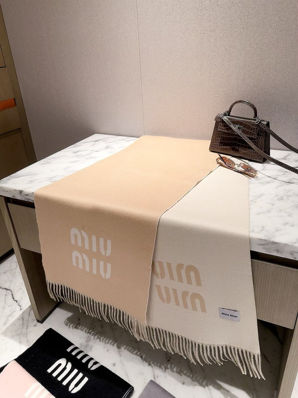 Miu Miu Style Oversized Logo Fringe Scarf