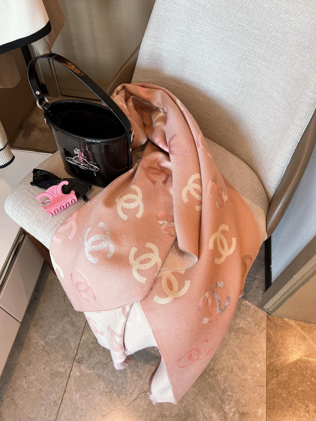 Chanel Patterned Fringed Scarf